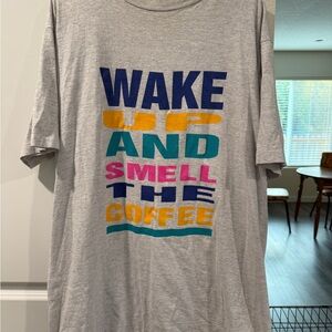 Vintage- women’s M/L grey tshirt dress ‘Wake up and smell the coffee’